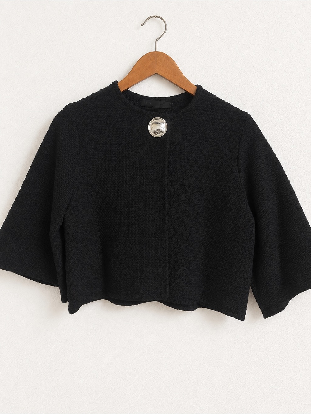 Zara Black Textured Crop Knit Cardigan Statement Silver Button Jacket Size M